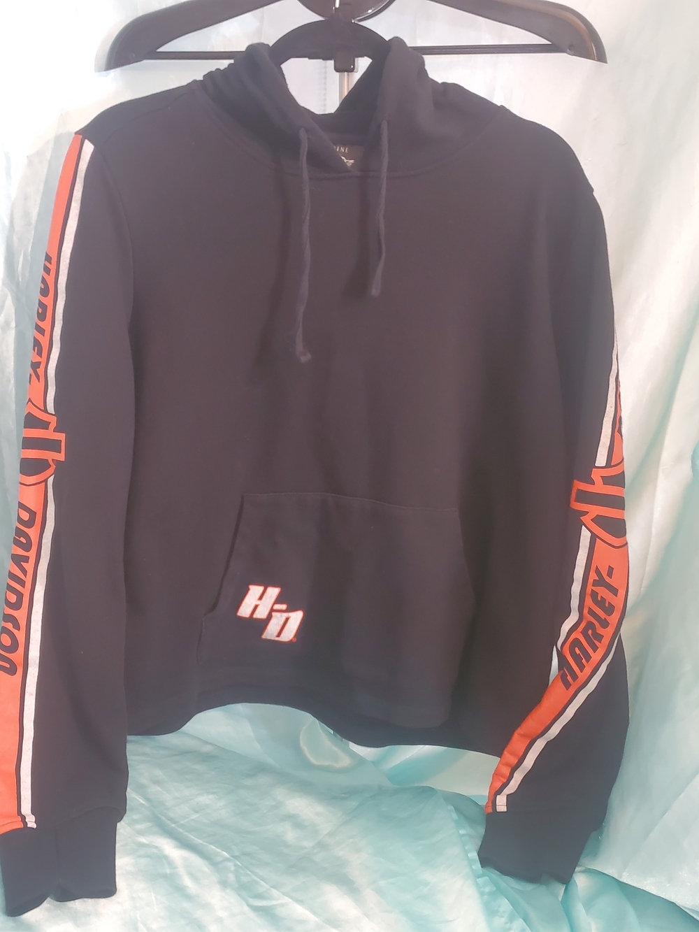 Harley-Davidson Women's Black Hoodie with Orange Sleeve Stripes ,Thumb Holes XL